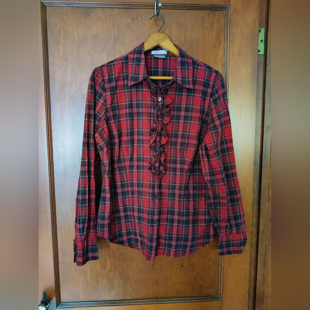 Plaid Button Down with Ruffle
